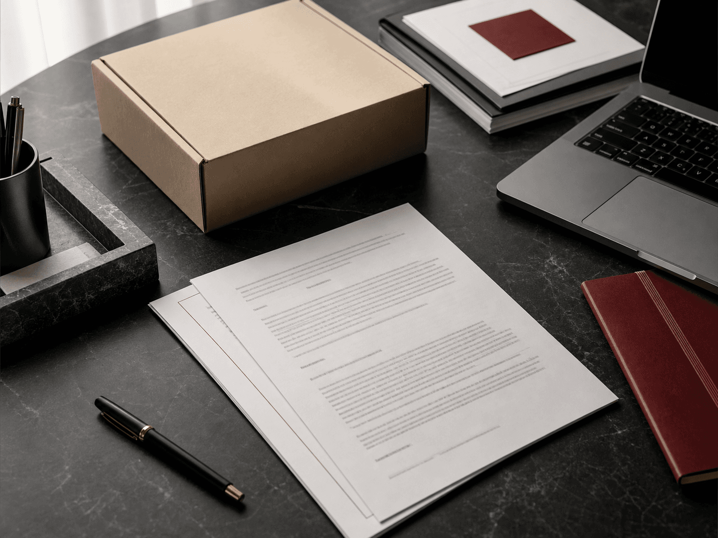 Product box and legal documents arranged on a dark desk for a consumer law article