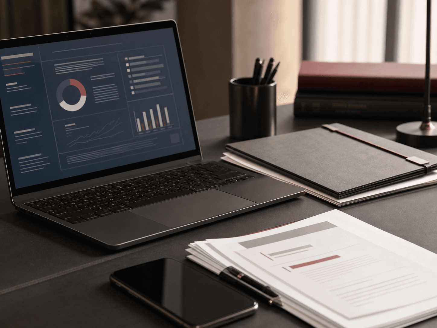 Laptop with an abstract compliance dashboard beside business documents for a data protection article